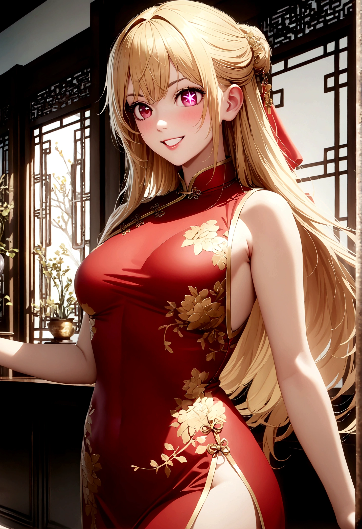 china dress, gold decoration dress, hoshinoruby, star-shaped pupils, ruby_hoshino, blonde hair, bangs, 1girl, pink eyes, long hair, cowboy shot, (masterpiece), (high quality), 8K, high resolution, extremely detailed CG, photorealistic, grin, Chinese Imperial Courts,