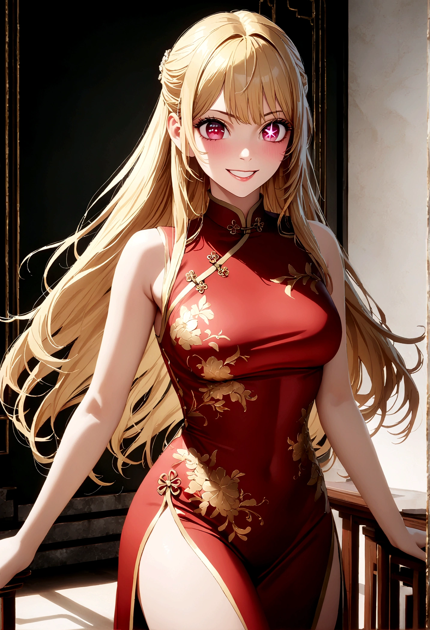 china dress, gold decoration dress, hoshinoruby, star-shaped pupils, ruby_hoshino, blonde hair, bangs, 1girl, pink eyes, long hair, cowboy shot, (masterpiece), (high quality), 8K, high resolution, extremely detailed CG, photorealistic, grin, Chinese Imperial Courts,