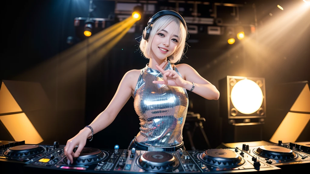 (ultra - detailed, 16K resolution, Cinema lenses, rendering by octane), (high resolution:1.18), intricate detail, (masterpiece:1.1), (highest quality:1.1), (1girl, portrait, white hair, blue eyes, short hair, detailed eyes),Wearing silver DJ headphones, Shiny silver sequined T-shirt, (Iconic hip-hop pop costumes:1.3), Smile while DJing on stage, full body shot of, The spotlight shines on the female DJ. Photorealistic photography by Disco Lighting, (cute round face:1.3), perfect fingers, five fingers, beautiful hands, perfect hands. master peace, cute smile.