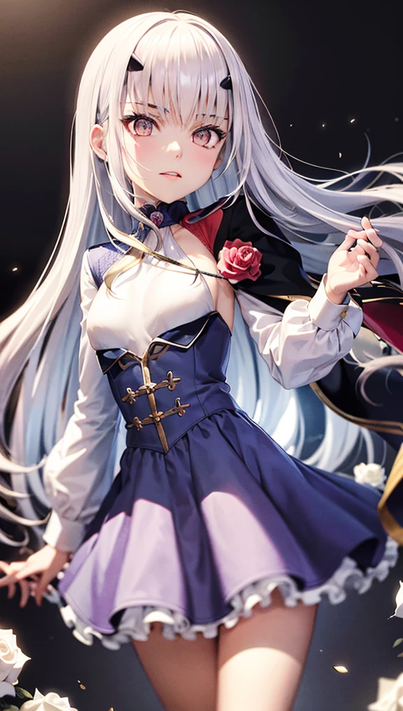 Uhd, absurdres, best_quality, masterpiece, best quality,1girl, solo, fairy knight lancelot (fate), long hair, forked eyebrows, white hair, small breasts, looking at viewer, dress, cape, blue dress, bangs, long sleeves, gold eyes, white rose, sidelocks