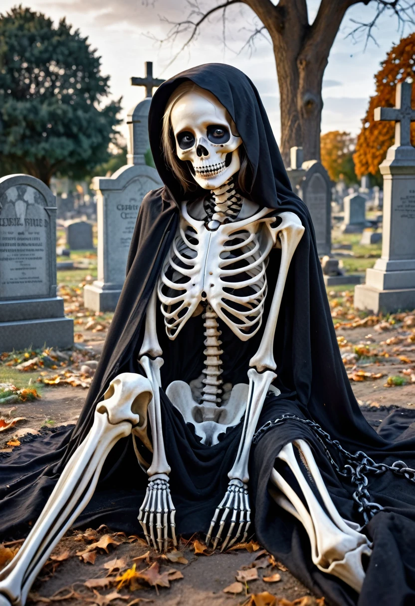 arafed Skeleton sitting on a blanket in a cemetery, Skeleton corpse, death dreams of death, Skeletons rising from the dead, creepy and frightening atmosphere, What happens after death, Skeleton, bones lying on the ground, goddess of death in a cemetery, creepy, highly detailed Skeleton, Portrait of the Grim Reaper, Skeleton with eyes, Skeletons on the ground, chained Skeleton