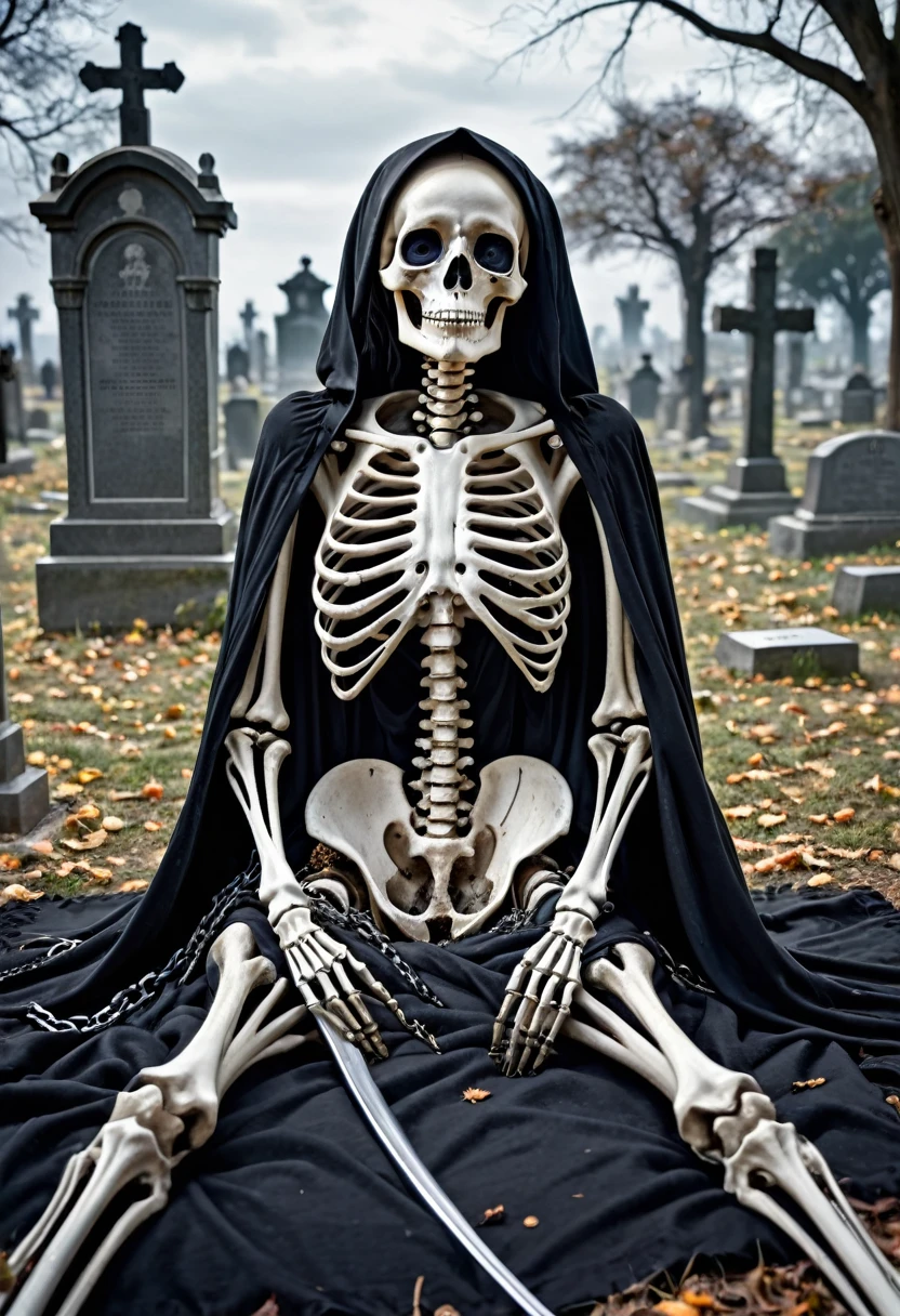 arafed Skeleton sitting on a blanket in a cemetery, Skeleton corpse, death dreams of death, Skeletons rising from the dead, creepy and frightening atmosphere, What happens after death, Skeleton, bones lying on the ground, goddess of death in a cemetery, creepy, highly detailed Skeleton, Portrait of the Grim Reaper, Skeleton with eyes, Skeletons on the ground, chained Skeleton