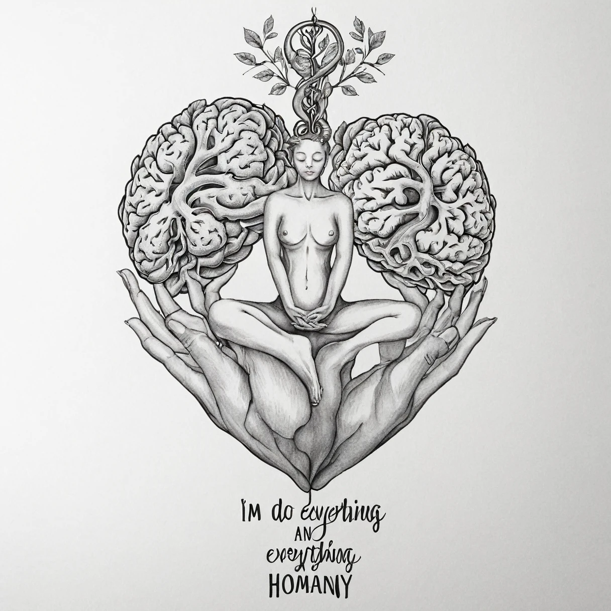 Draw a tattoo design featuring a human figure in a yoga pose, with an anatomical heart and brain floating alongside the body. A frase 'I'm doing everything I can' pode ser escrita em uma espiral ao redor da figura, symbolizing effort, balance and harmony, with subtle and elegant features."