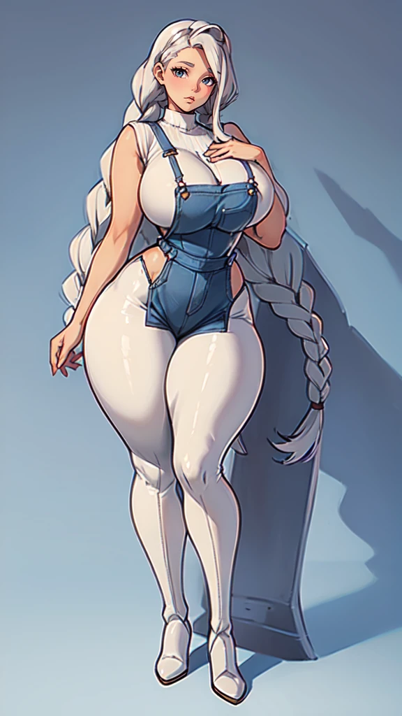 ((blank background)), masterpiece, best quality, silver hair, (curvy:1.7), (massive breast:1.5), ((full body framing)), (long legs:1.6), symmetry, farmer woman, (blue overalls), long boots, belt below navel, lumberjack shirt, (braided hair)