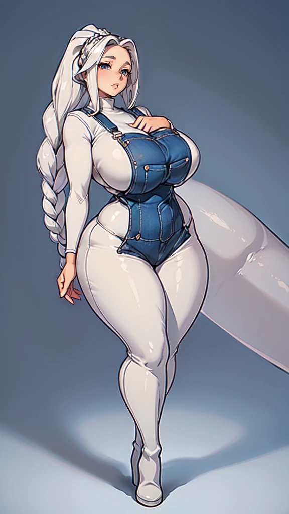 ((blank background)), masterpiece, best quality, silver hair, (curvy:1.7), (massive breast:1.5), ((full body framing)), (long legs:1.6), symmetry, farmer woman, (blue overalls), long boots, belt below navel, lumberjack shirt, (braided hair)