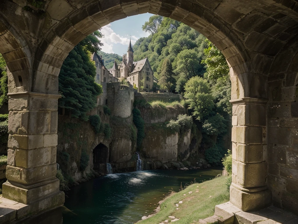 A picturesque medieval castle nestled atop a lush green hill, its stone walls weathered yet regal, overlooking a serene river snaking through the valley below. The scene evokes a sense of timeless grandeur and tranquility. This stunning photograph captures the castle in soft, golden sunlight, highlighting intricate details like ivy climbing the walls and ancient turrets reaching towards the sky. A masterpiece of composition and lighting, this image transports viewers to a bygone era of majestic beauty and solitude.