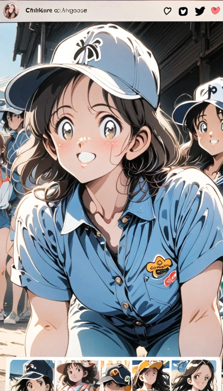 a woman in a denim shirt and hat posing for a picture, a picture by Nagasawa Rosetsu, instagram, shin hanga, ayaka, wearing a cute hat, wearing baseball cap, narumi kakinouchi, chiho, yukii morita, wearing a baseball cap, sui ishida, aoi ogata, tsutomo nihie