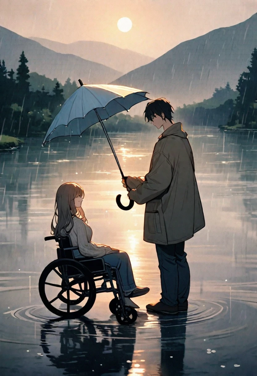 A touching scene on a picturesque bridge during a rainy day. A young man is standing next to a girl sitting in a wheelchair, holding an umbrella over her to keep her dry. The young man has a gentle smile and is dressed in a casual jacket and jeans, while the girl is wearing a warm sweater with a blanket over her lap. The bridge, made of old stone with ornate railings, stretches over a calm river, with raindrops creating ripples on the water's surface. The background showcases a misty, lush landscape with trees and distant hills, adding a romantic and serene ambiance to the scene. The overall mood is one of care, compassion, and serene beauty.