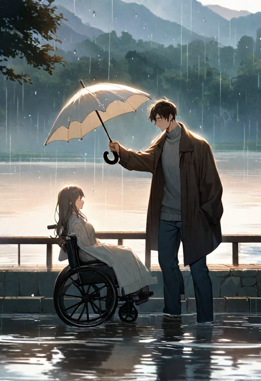 A touching scene on a picturesque bridge during a rainy day. A young man is standing next to a girl sitting in a wheelchair, holding an umbrella over her to keep her dry. The young man has a gentle smile and is dressed in a casual jacket and jeans, while the girl is wearing a warm sweater with a blanket over her lap. The bridge, made of old stone with ornate railings, stretches over a calm river, with raindrops creating ripples on the water's surface. The background showcases a misty, lush landscape with trees and distant hills, adding a romantic and serene ambiance to the scene. The overall mood is one of care, compassion, and serene beauty.