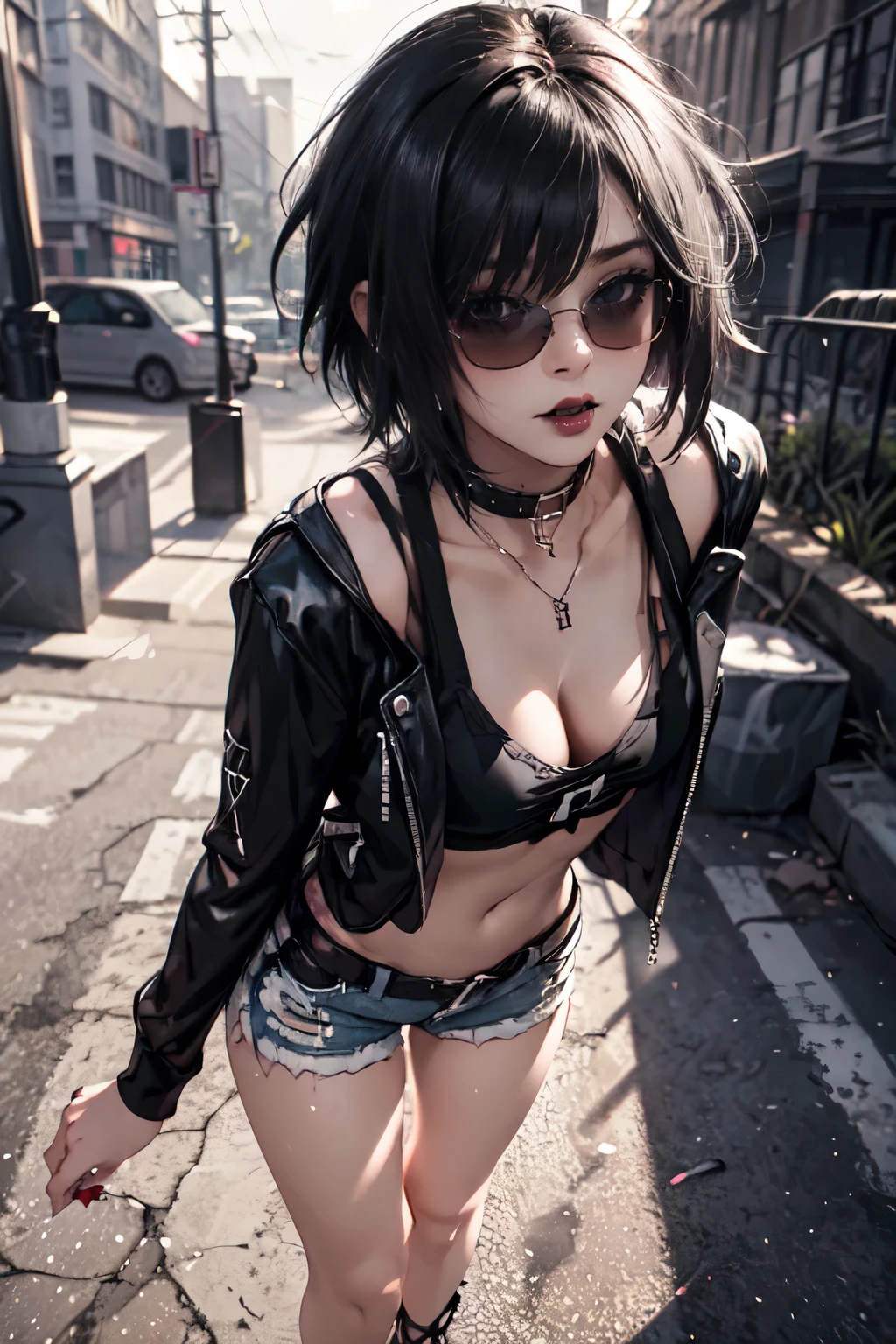 Girl, woman, emo_hairstyle, black lipstick, dog collar, eyeliner, eye shadow, smoky eyes, realistic lighting, short hair, cleavage, standing up, white tight open-cut top, transparent tight shorts, punk, sunglasses, lollipop.