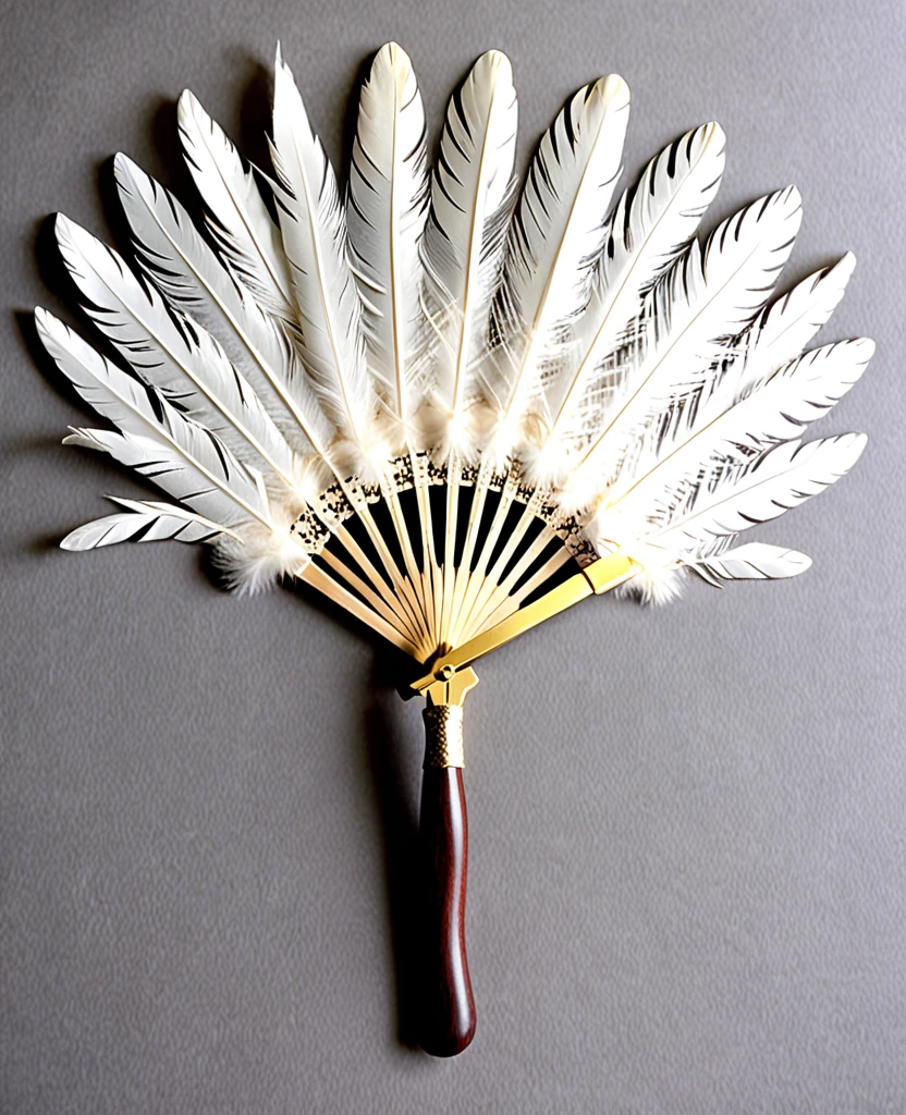 （Handle Feather Fan)、（Wooden handle）、（It is made up of many overlapping feathers.）、(The handle is at the base of the blade.)