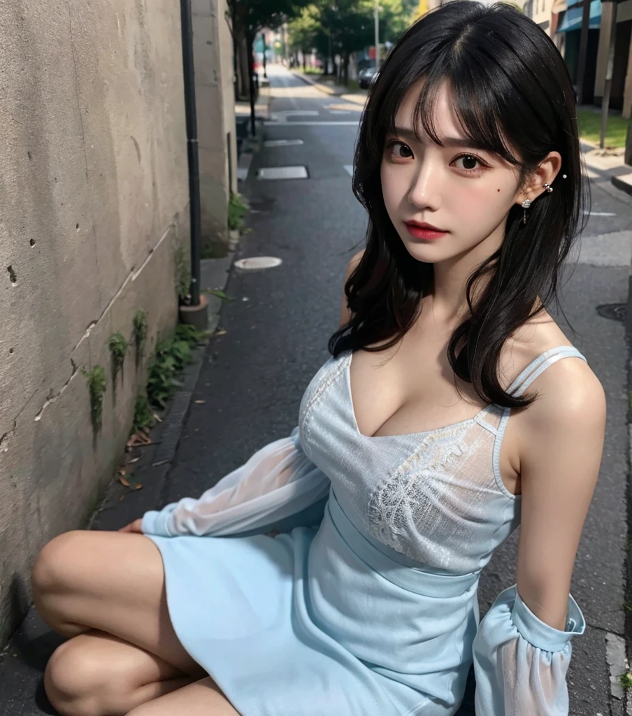 full body, solo, alone, delicate facial features, medium tits, medium hair, black hair, tearful mole, earring, dress, cleavage, street,