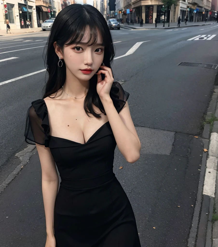full body, solo, alone, delicate facial features, medium tits, medium hair, black hair, tearful mole, earring, dress, cleavage, street,