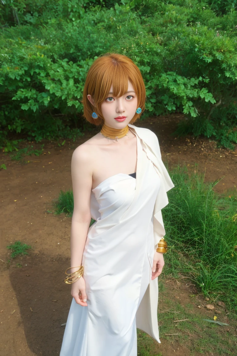best quality, tmasterpiece,Ultra-high resolution,Clear face,（Reality：1.4），ferpect lighting，(upper body shot:1.5), (photorealistic:1.50), anime wallpaper, Guviz style artwork, cover-up fantasy up to magic , by Yang J, Guviz, beautiful artwork illustration, beautiful digital artwork, beautiful digital illustration, Li Song, beautiful anime portrait, art style in Beauvot,1girl, 独奏, short hair, blonde hair, yellow eyes, long twintails, pointy ears, Halation, gold and purple earrings, detached sleeves, gold choker, white and purple robe, robe over one shoulder, gold bracelets, dynamic pose, (dynamic pose),   forest, tall grass, light rays, forest clearing,