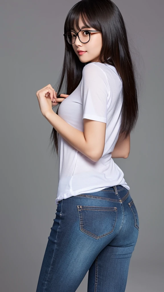 cute dark toned Chinese girl wearing glasses in tight jeans