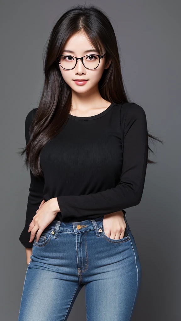 cute dark toned Chinese girl wearing glasses in tight jeans