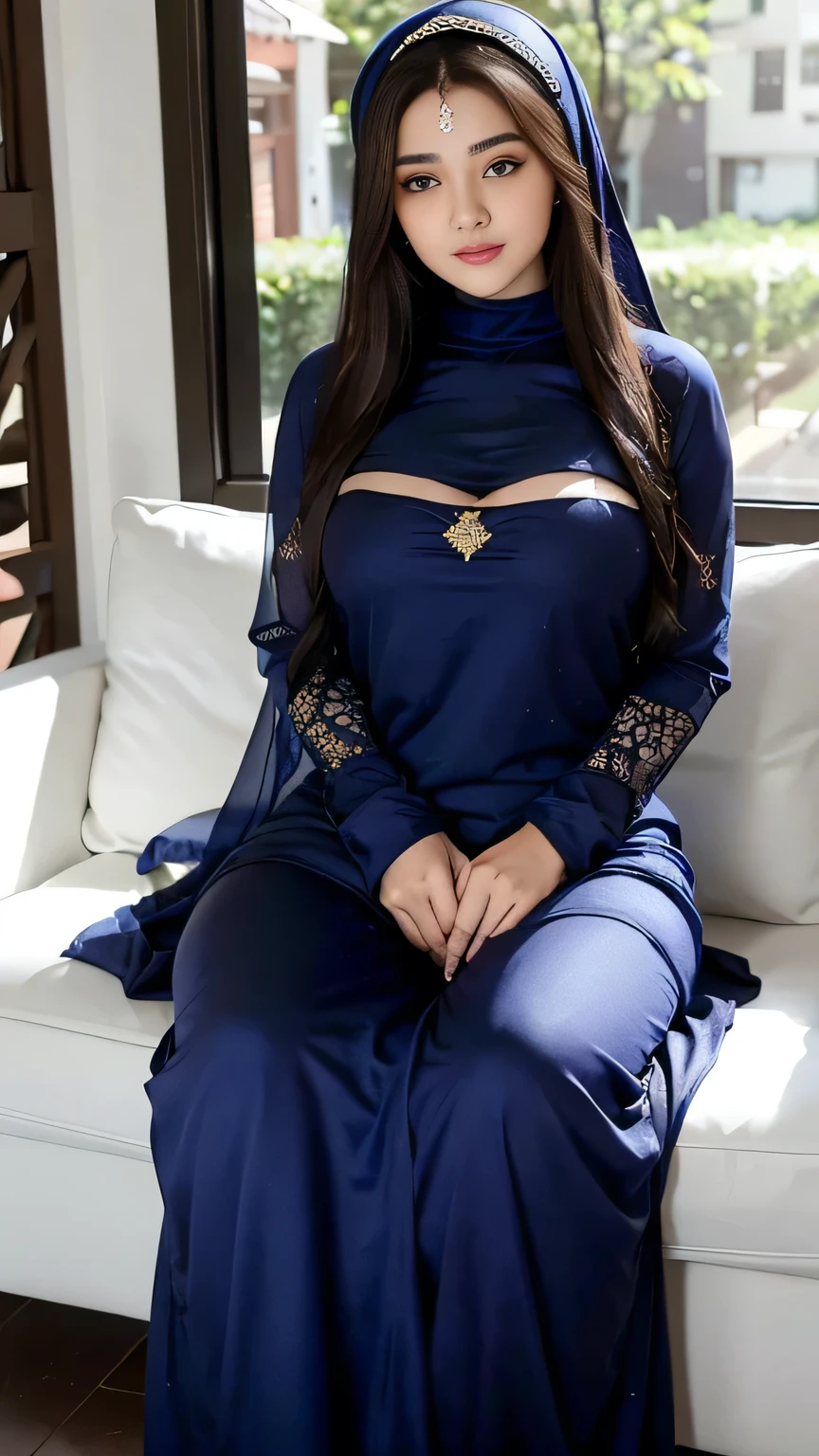 Beautiful, cute baby Face, Aishwarya Rai, Russian muslim girl, (wearing blue hijab), full hijab, sexy long sleeves kebaya transparant dress, slightly Chubby, White Skin, Smiling, porn studio Background, day light,mid shot, full body, Perfect Potrait, Bokeh Effect, Look at Viewer, large breast, ((adorable:1.5)), ((masterpiece:1.1)), ((dark hairy pussy:1.4)), ((bokeh:1.2)), buttocks,(naughty seductive poses)