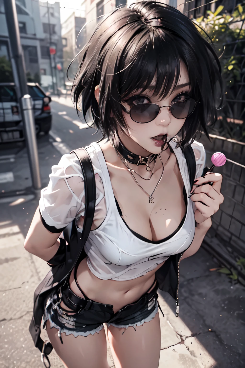 Girl, woman, emo_hairstyle, black lipstick, dog collar, eyeliner, eye shadow, smoky eyes, realistic lighting, short hair, cleavage, standing up, white tight open-cut top, transparent tight shorts, punk, sunglasses, lollipop In mouth, eating lollipop.