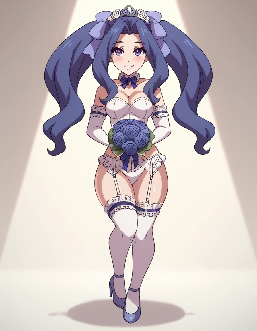 score_9, score_8_up, score_7_up, master piece, beautiful_face, detailled_face, cute_face, high resolution, masterpiece, high quality, best quality, highly detailed, rating_questionable, 1girl, melty, smile, looking looking at viewer, short, breasts, naked, blush, thick thighs, wide hips, shiny skin, Melty Q Melromarc, meltyqmelromarc, solo, twintails, 1girl, smile, long hair, bow, blush, purple eyes, hair bow, blue eyes, standing, collar, high heel, full body, white bridal thigh highs, white bridal elbow gloves, bridal garter belt, bridal veil, bouquet, make up