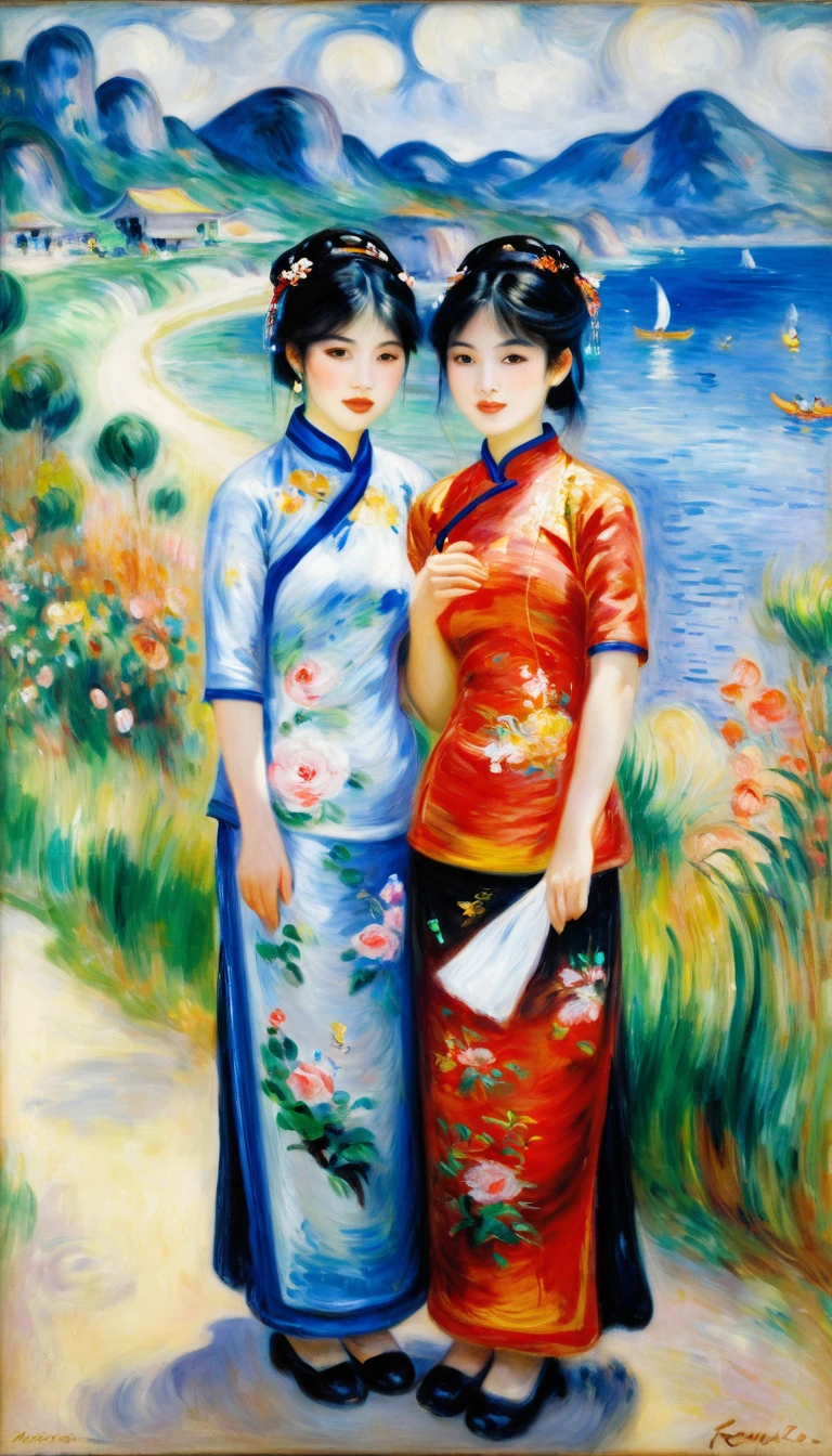 a beautiful impressionist painting by auguste renoir, 2 asian girls wearing cheongsam dresses, standing in a beautiful night landscape, vibrant colors, intricate details, masterful brushstrokes