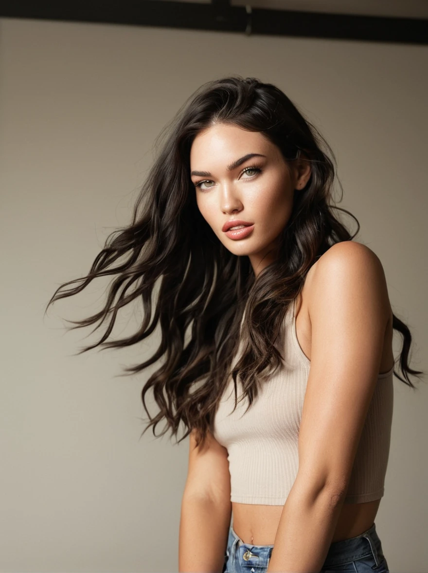 a realistic instagram photo of a [ really beautiful exotic androgynous supermodel 19 year old woman] , with [long, dark hair, short beachy waves hair style ] , looks like [Megan FOX] and [Adriana Lima], light makeup, looking [innocent, cute, flushed] , neutral background [light] skin --ar 9:16 --stylize 750 --v 6