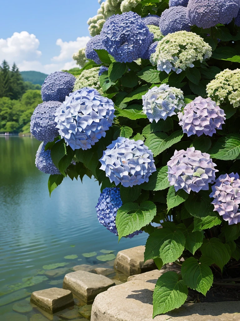 Hydrangea, lake, Small hill, Highest quality, Anatomically correct,nature