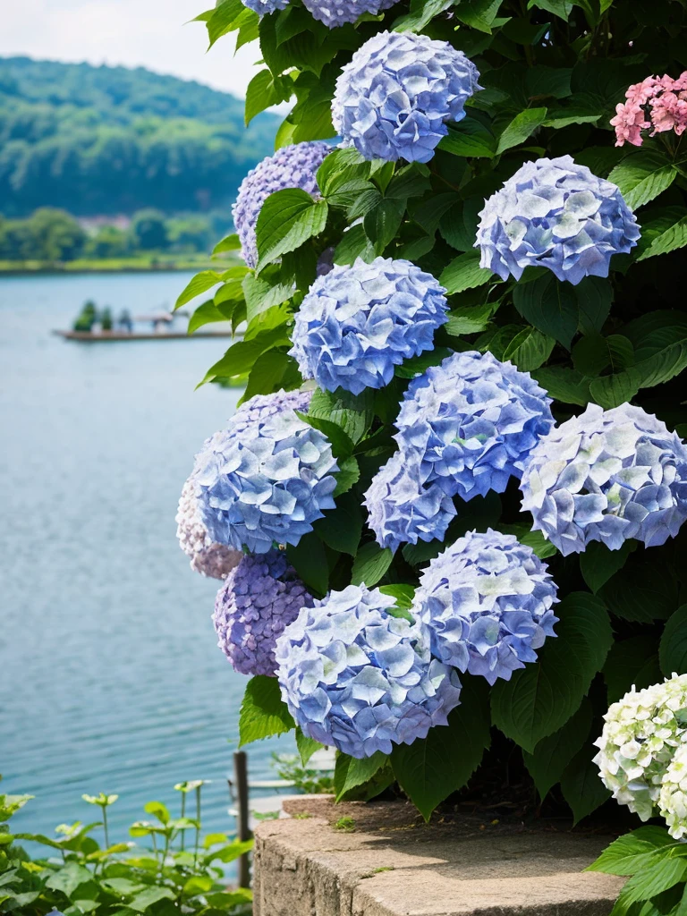 Hydrangea, lake, Small hill, Highest quality, Anatomically correct,nature