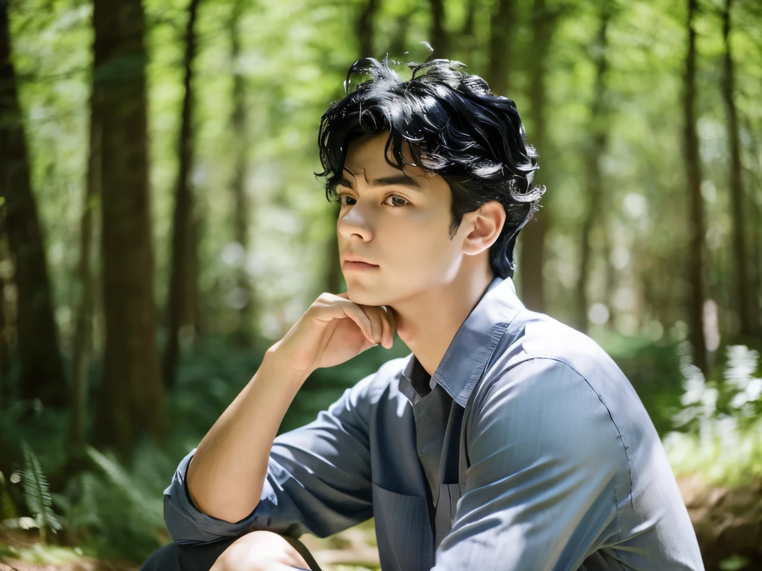 There is a young man with a handsome face and curly black hair and big blue eyes in a sunny forest, a thoughtful attentive expression on a handsome face, full-length, dressed in a simple gray shirt and old-style pants