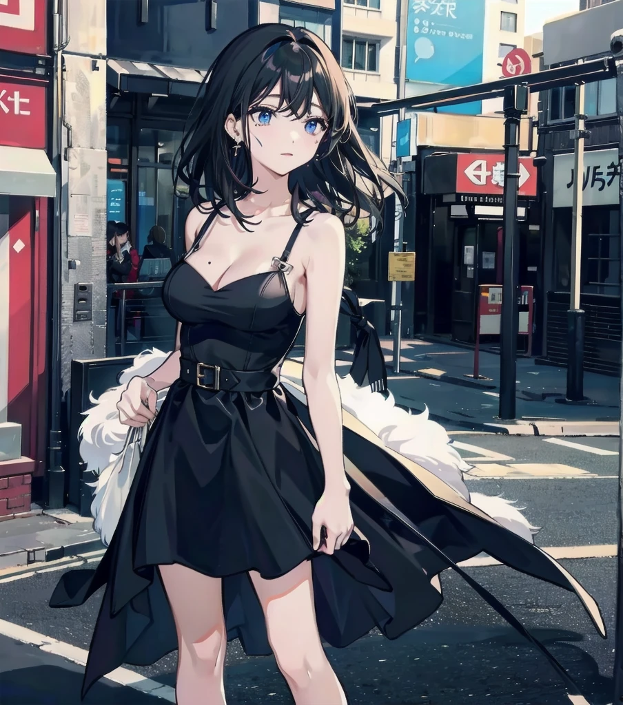 full body, solo, alone, delicate facial features, medium tits, medium hair, black hair, tearful mole, earring, dress, cleavage, street,