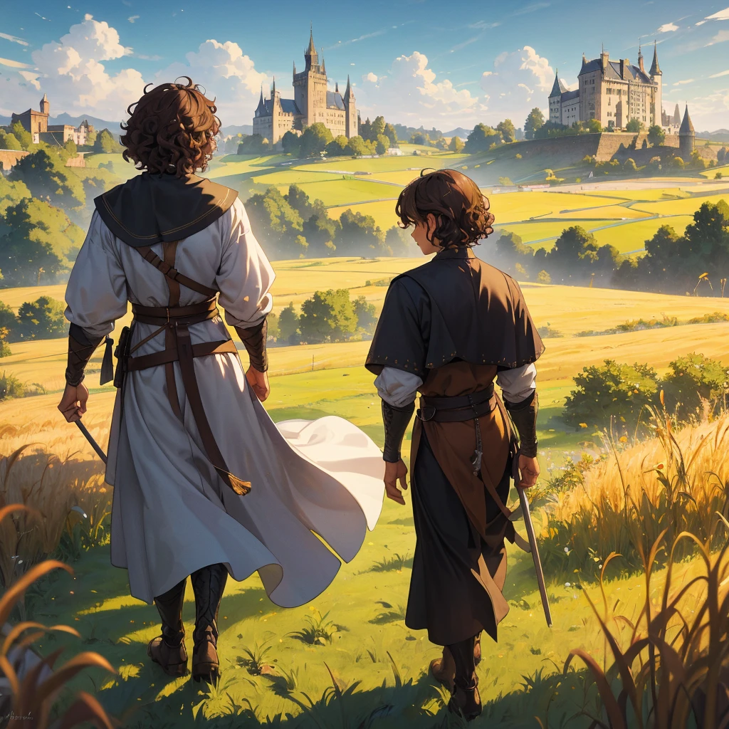 back view single curly brown hair man with medieval outfit walking in the wheatfield and the castle from the distance