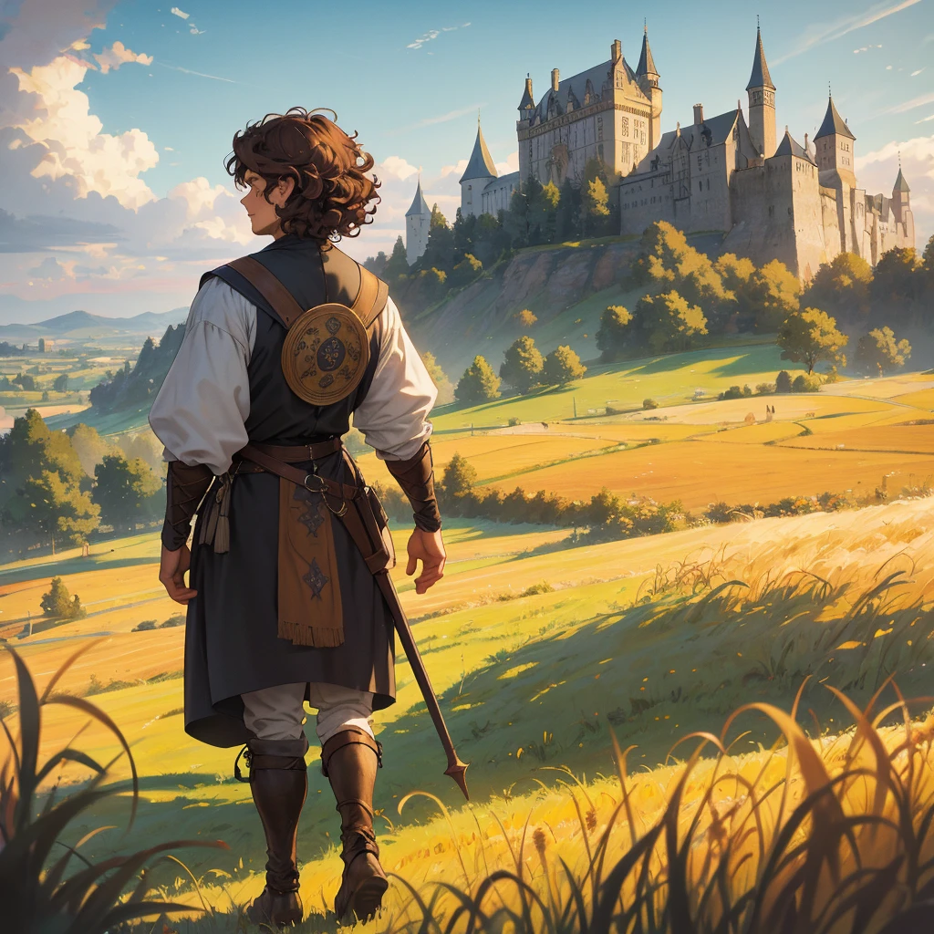 back view single curly brown hair man with medieval outfit walking in the wheatfield and the castle from the distance
