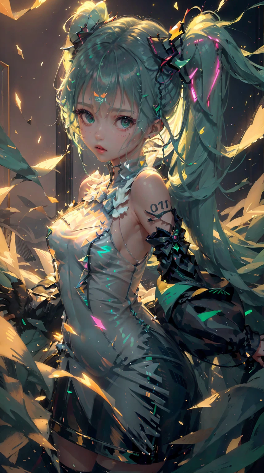 masterpiece, Highest quality,One girl (((Transparent dress like glass))) ,Neon color background, Halation，Realistic, High resolution, detailed, Soft Focus、Delicate facial features, detailedな目, Sharp pupils, Soft lips、Depth of written boundary, ボケ Depth of written boundary, Sharp focus、Long twin tails、Hair ornaments are sharp、Green light、illumination
