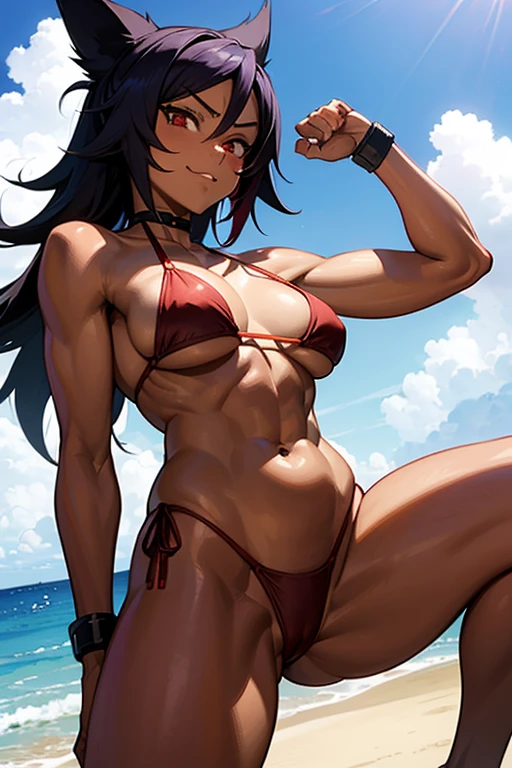 18 year old Yoruichi Shihōin from Bleach in a red thong bikini flexing her muscles to show off her cheeky booty while looking down at the camera as it looks up to her on a white sanded beach, highly detailed 