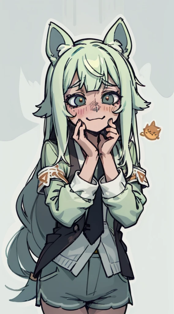 shy, scared, baggy eyes, light green background, cat smile , change , very long hair ,detailed hands ,light green hair color, blushing, sweat, drops , flushed ,orejas de zorro caidas, uniforme escolar , shorts muy cortos , shorts , extremadamente ruborizada , cuerpo completo ,mangas largas blancas, uniforme azul oscuro , exhala humo por la boca