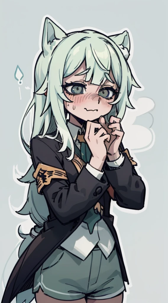 shy, scared, baggy eyes, light green background, cat smile , change , very long hair ,detailed hands ,light green hair color, blushing, sweat, drops , flushed ,orejas de zorro caidas, uniforme escolar , shorts muy cortos , shorts , extremadamente ruborizada , cuerpo completo ,mangas largas blancas, uniforme azul oscuro , exhala humo por la boca