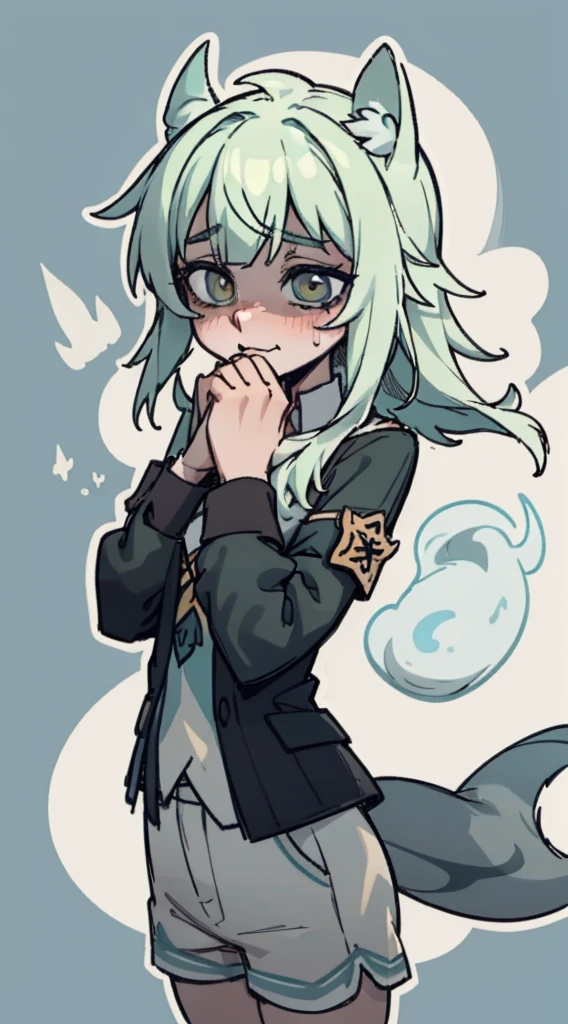 shy, scared, baggy eyes, light green background, cat smile , change , very long hair  ,detailed hands ,light green hair color, blushing, sweat, drops , flushed ,orejas de zorro caidas, uniforme escolar , shorts muy cortos , shorts , extremadamente ruborizada , cuerpo completo ,mangas largas blancas, uniforme azul oscuro , exhala humo por la boca 