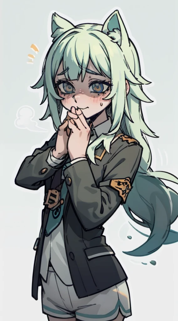 shy, scared, baggy eyes, light green background, cat smile , change , very long hair ,detailed hands ,light green hair color, blushing, sweat, drops , flushed ,orejas de zorro caidas, uniforme escolar , shorts muy cortos , shorts , extremadamente ruborizada , cuerpo completo ,mangas largas blancas, uniforme azul oscuro , exhala humo por la boca
