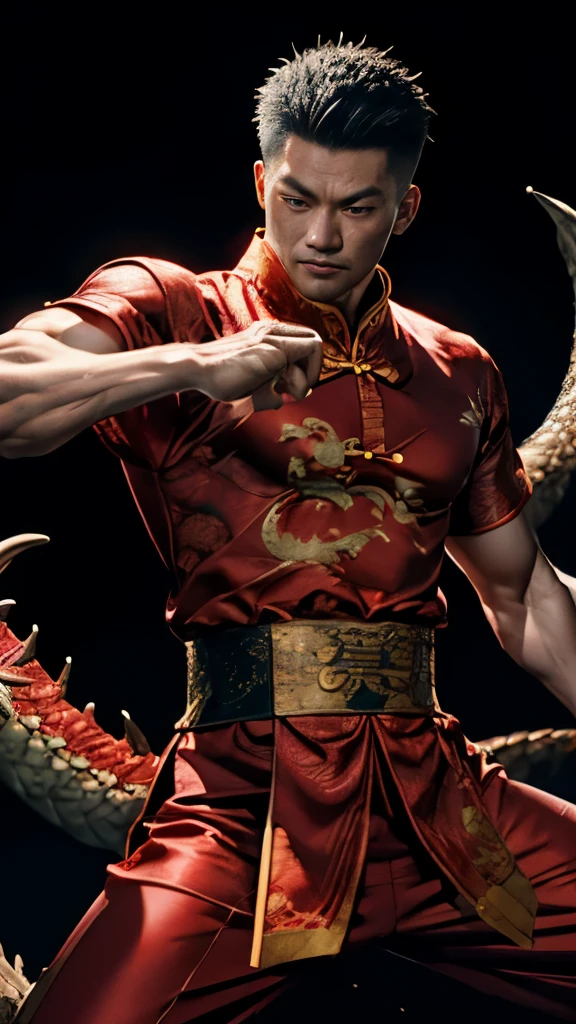 High resolution, Realistic, 36 years old, China dress, Chinese male, Combat Forms, Sharp eyes, background is a dragon
