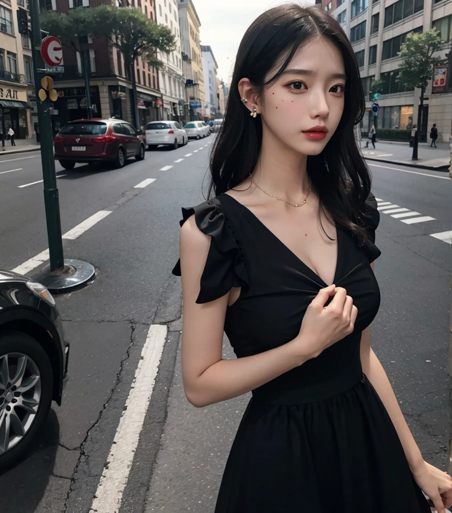 full body, solo, alone, delicate facial features, medium tits, medium hair, black hair, tearful mole, earring, dress, cleavage, street,