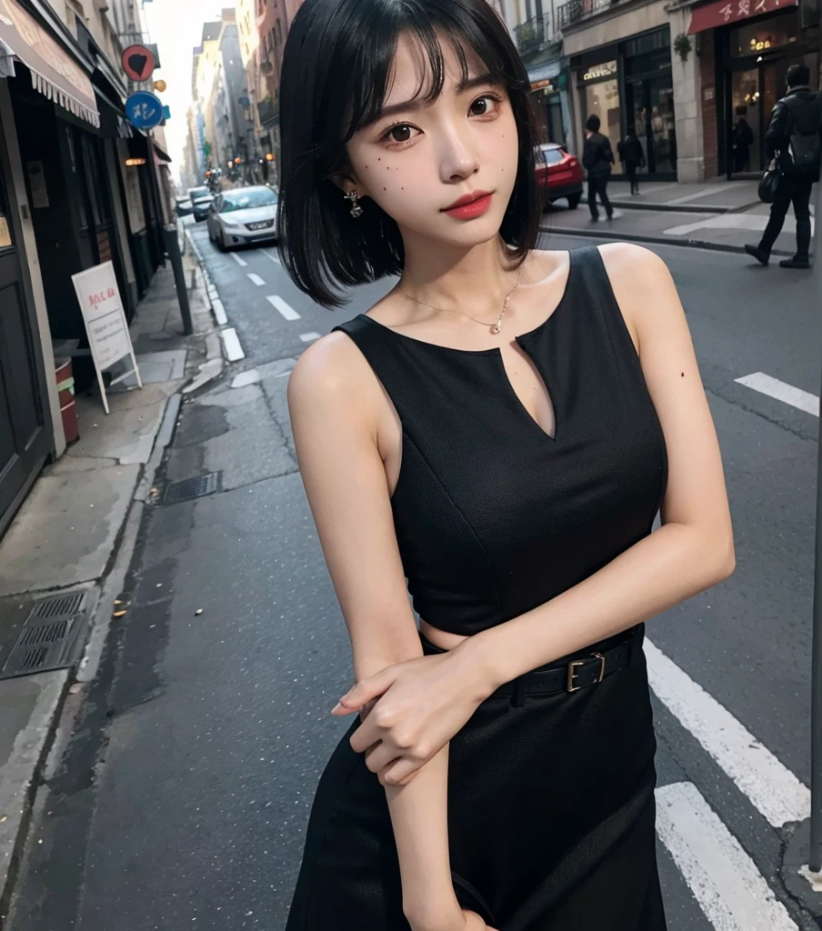 full body, solo, alone, delicate facial features, medium tits, medium hair, black hair, tearful mole, earring, dress, cleavage, street,