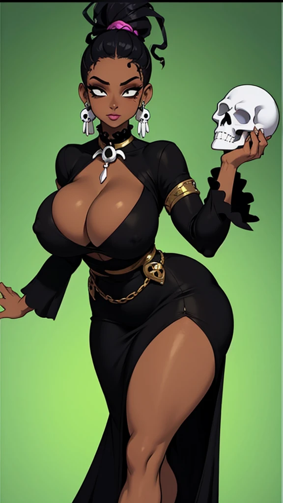 Voodoo new Orleans, black skin milf, curvy, black dress, dreadlocks, skull, fondo morado y verde