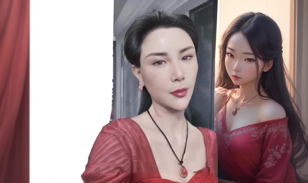 One of them is wearing a necklace、lady in red dress, Inspired by Yao Tingmei, Inspired by Shen Si Zheng, Elegant digital art, Inspired by Wang Lu, Inspired by Ai Xuan, Inspired by Wang Meng, Inspired by Wen Jia, realistic art style, Inspired by Tang Yifen, A bit realistic, 8K portrait rendering