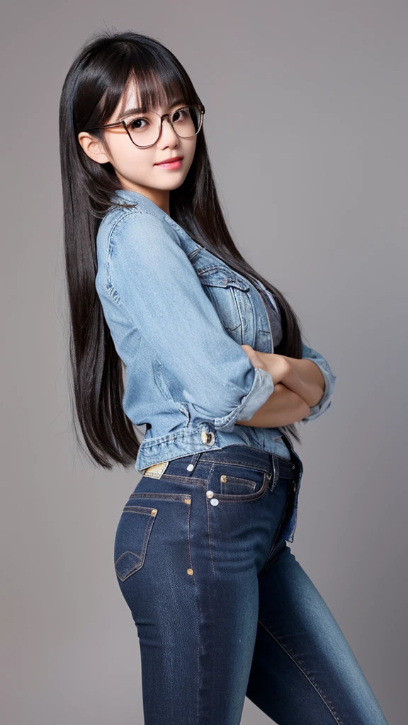 cute dark toned Chinese girl wearing glasses in tight jeans