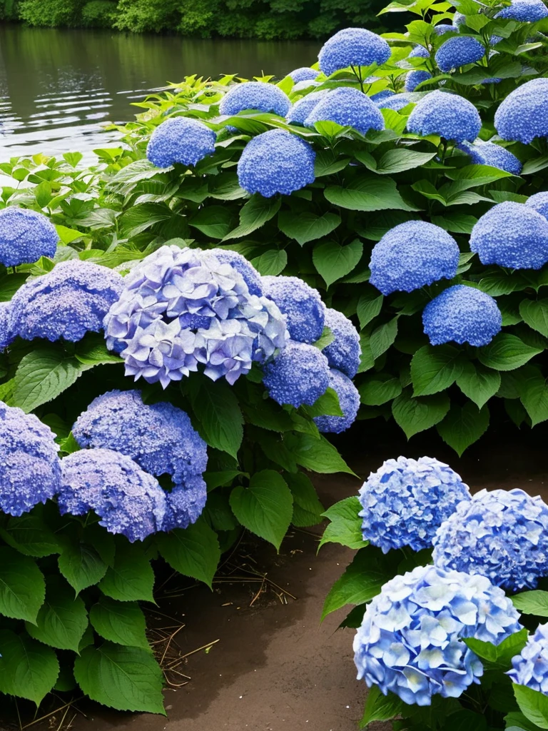 Hydrangea, lake, Small hill, Highest quality, Anatomically correct,nature