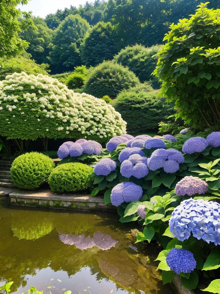 Hydrangea, lake, Small hill, Highest quality, Anatomically correct,nature