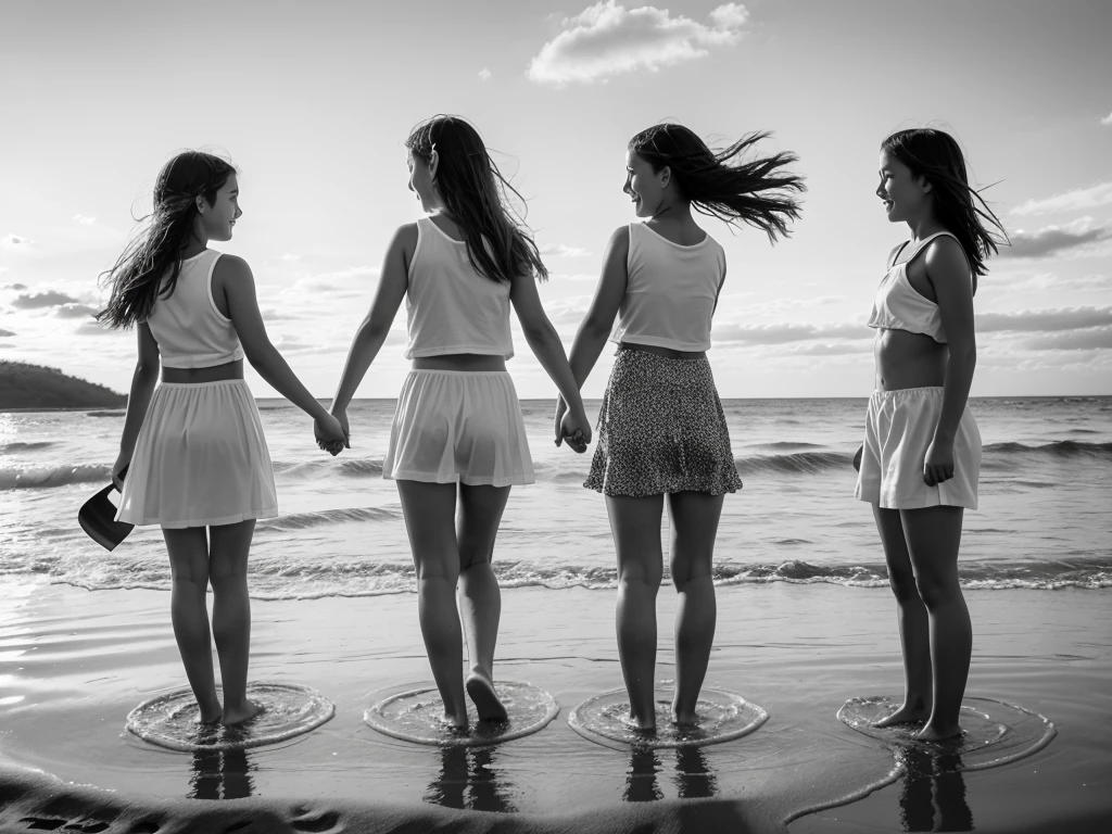 A nostalgic scene featuring three girls paddling in shallow ocean water. a girl of about , stands in the middle, holding hands with her two younger cousins. The girls stand still, smiling through their hair as it gently blows in the breeze. The setting is a sunny day with a clear sky and sparkling water. The background includes a sandy shore with a few scattered shells and gentle waves lapping at their feet. The girls are dressed in light, summery clothes suitable for paddling in the water, (black and white), (monochrome), high contrasts 