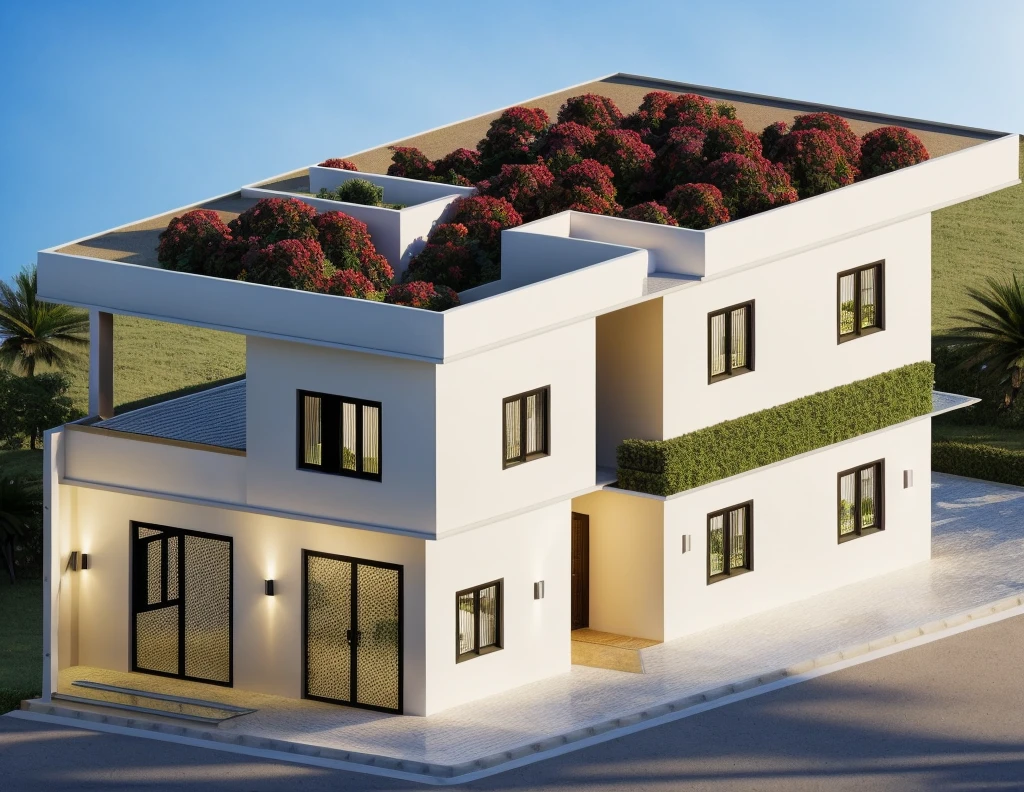 The house, The town house is made from white walls, beautyful light, beautyfulday, sunny, Many red bougainvilleas along the road:1.3, lovely youthful feeling :1.2, sunlight at 12 noon, Very beautiful shadows