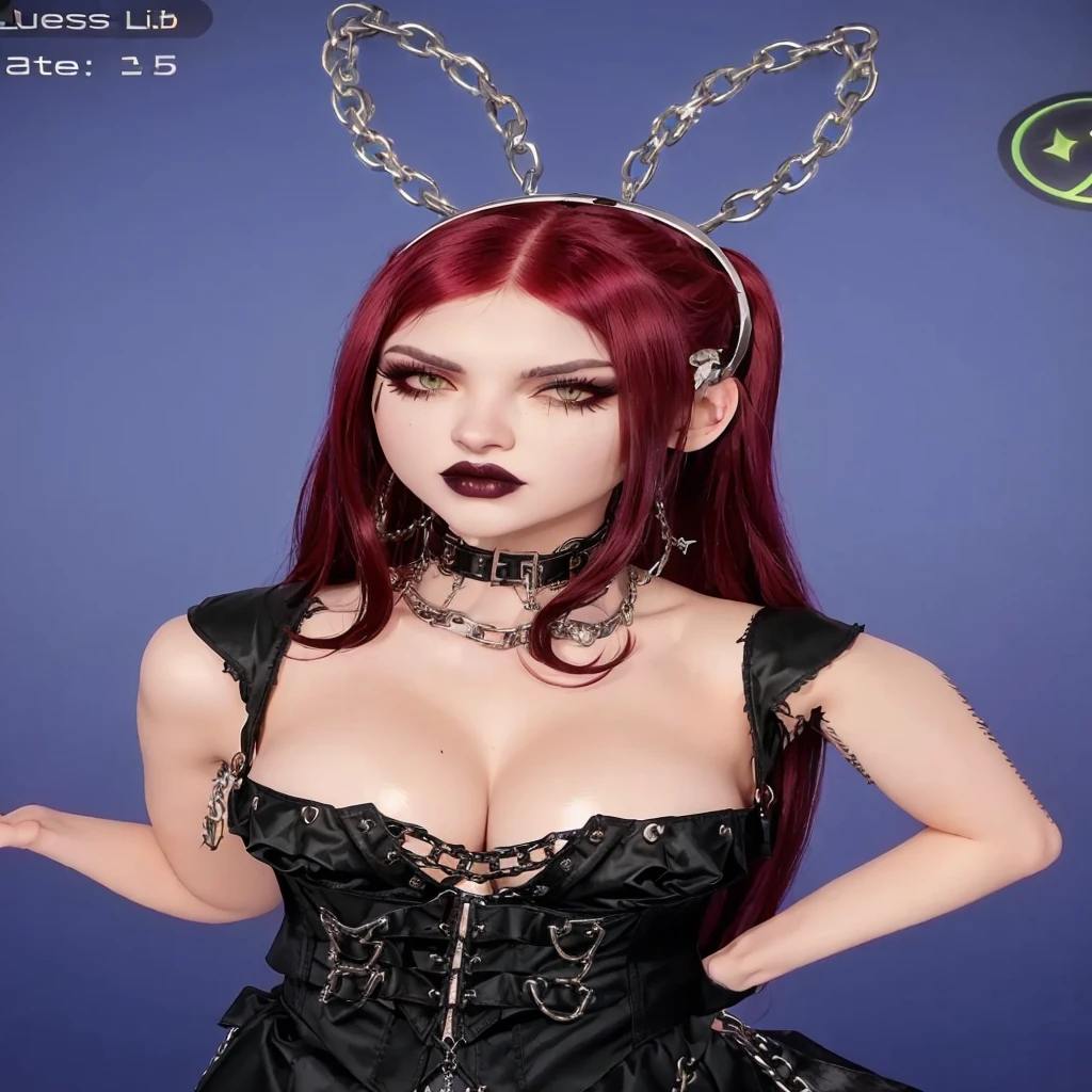 arafed woman in a corset with a chain around her neck, imvu, second life avatar, goth girl, upper body avatar, neo goth, lblsck hair, inspired by Rowena Meeks Abdy, gothic girl, gothic harts, goth style, goth, bubble goth, true goth, lilith, sultry expression