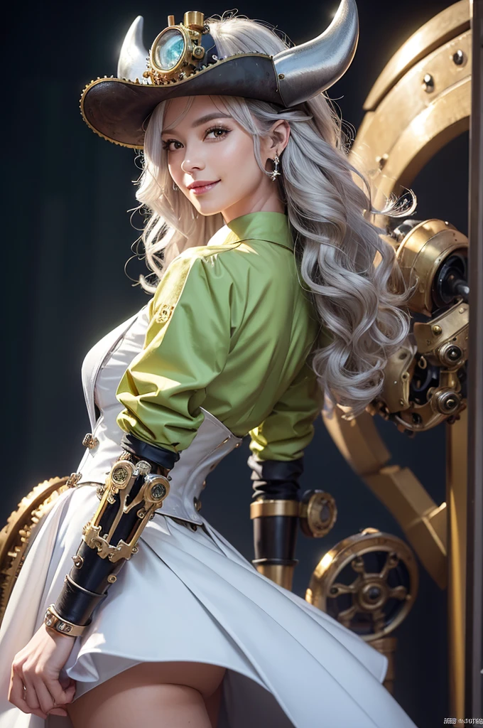 Woman portrait、Highest quality、Rear view、8K,Detailed face, clear, Fine skin、Clear, beautiful eyes、whole body、(Curly Hair)、My hair was messed up by the wind、The beauty of a smile、(Glamorous Muscle),(Hip_superior, Hip superior), Mature Woman,( Watching the audience),Realistic, High resolution, Soft Light,1 female, alone, Hipアップ, Glowing Skin, (Detailed face), Sexy smile, Perfect Style, Perfect balance,Platinum gold hair,Long Hair,Naughty look,((Steampunk Pirates costume)),(Yellow-green and white mecha, High-tech Mecha,Beautiful steampunk cyborg woman,Steampunk Mecha Cyborg Girl,Blue steampunk blue and white jacket,Steampunk white dress shirt,Short jeweled tie,silver dress shirt,wrist cuffs,Gemstone Helmet,belt,fake animal ear,,High leg),((arms behind back)),(bokeh),(studio lighting)