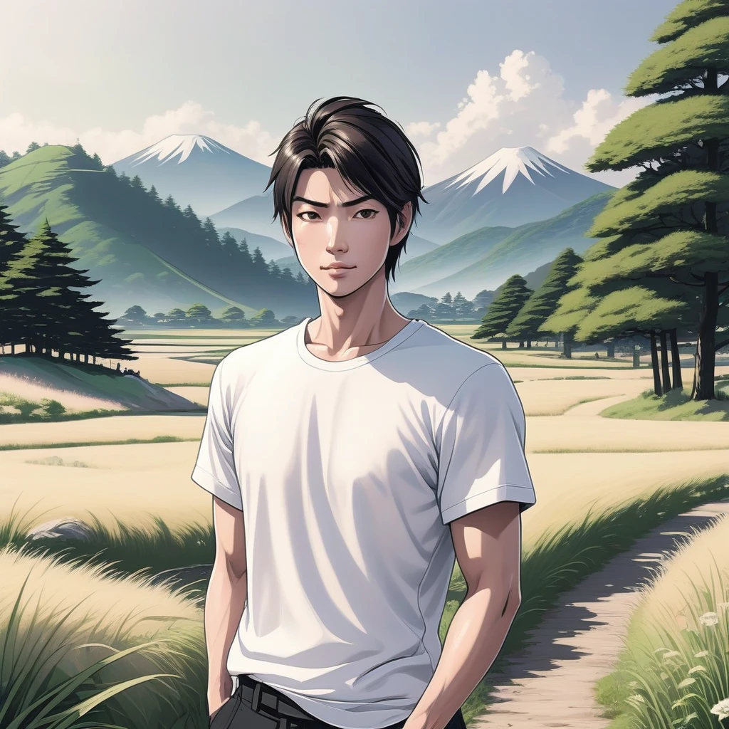 A gentle and warm illustration of a Japanese man in his early 30s with short hair, wearing a white T-shirt and black pants. He is slim and about 170cm tall, with a friendly rather than handsome face. He has a gentle smile and a slightly melancholic look in his eyes. The background is a beautiful landscape where digital and nature are fused. The overall style should be natural and approachable, emphasizing trustworthiness.
